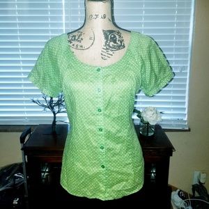 Apostrophe button down green and white top